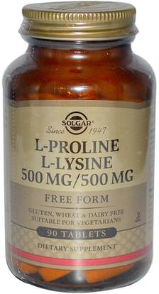 Solgar, L-Proline/L-Lysine, Free Form, 500mg/500 mg, 90 Tablets ,المكملات الغذائية، والأحماض الأمينية، ل برولين