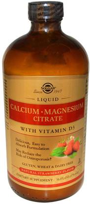 Solgar, Calcium Magnesium Citrate, with Vitamin D3, Liquid, Natural Strawberry Flavor, 16 fl oz (473 ml) ,المكملات الغذائية، والمعادن، والكالسيوم