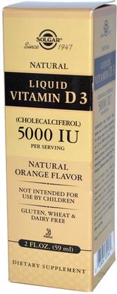 Solgar, Liquid Vitamin D3, 5000 IU Per Serving, Natural Orange Flavor, 2 fl oz (59 ml) ,الفيتامينات، فيتامين d3، فيتامين d3 السائل