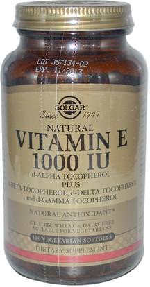 Solgar, Natural Vitamin E, 1000 IU, d-Alpha Tocopherol & Mixed Tocopherols, 100 Vegetarian Softgels ,الفيتامينات، فيتامين e، فيتامين e مختلطة توكوفيرولز