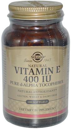 Solgar, Natural Vitamin E, 400 IU, Pure d-Alpha Tocopherol, 100 Softgels ,والفيتامينات، وفيتامين ه، والمكملات الغذائية، ومضادات الأكسدة