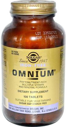 Solgar, Omnium, Multiple Vitamin and Mineral Formula, Iron-Free, 100 Tablets ,والملاحق، والمعادن