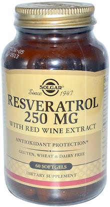Solgar, Resveratrol, 250 mg, 60 Softgels ,المكملات الغذائية، مضادات الأكسدة، ريسفيراترول