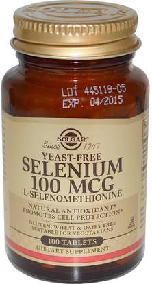 Solgar, Selenium, Yeast-Free, 100 mcg, 100 Tablets ,المكملات الغذائية، مضادات الأكسدة، السيلينيوم