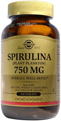 Solgar, Spirulina, 750 mg, 250 Tablets ,المكملات الغذائية، سبيرولينا
