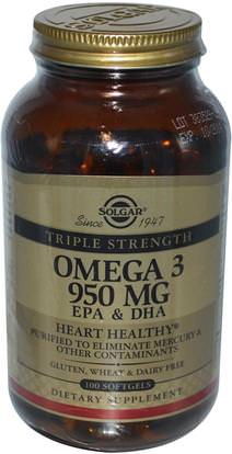 Solgar, Triple Strength Omega-3, 950 mg, EPA & DHA, 100 Softgels ,المكملات الغذائية، إيفا أوميجا 3 6 9 (إيبا دا)، أوميغا 369 قبعات / علامات التبويب