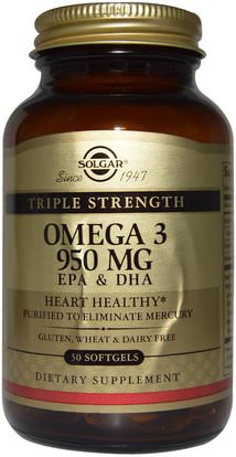 Solgar, Triple Strength Omega-3, 950 mg, EPA & DHA, 50 Softgels ,المكملات الغذائية، إيفا أوميجا 3 6 9 (إيبا دا)، أوميغا 369 قبعات / علامات التبويب