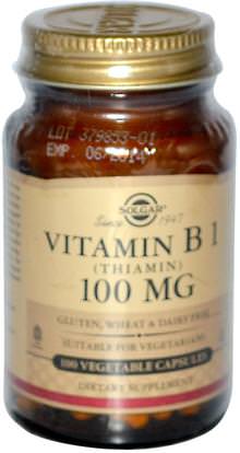 Solgar, Vitamin B1, 100 mg, 100 Vegetable Capsules ,الفيتامينات، فيتامين ب