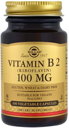 Solgar, Vitamin B2, 100 mg, 100 Vegetable Capsules ,الفيتامينات، فيتامين ب