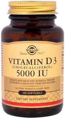 Solgar, Vitamin D3 (Cholecalciferol), 5000 IU, 100 Softgels ,الفيتامينات، فيتامين d3
