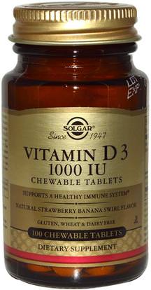 Solgar, Vitamin D3, Natural Strawberry Banana Swirl Flavor, 1000 IU, 100 Chewable Tablets ,الفيتامينات، فيتامين d3