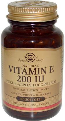 Solgar, Natural Vitamin E, 200 IU, Pure d-Alpha Tocopherol, 100 Softgels ,الفيتامينات، فيتامين e