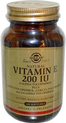 Solgar, Natural Vitamin E, 200 IU, d-Alpha Tocopherol & Mixed Tocopherols, 100 Softgels ,الفيتامينات، فيتامين e
