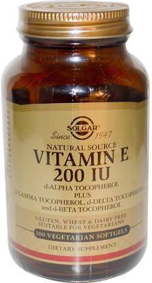 Solgar, Natural Vitamin E, 200 IU, d-Alpha Tocopherol & Mixed Tocopherols, 100 Vegetarian Softgels ,الفيتامينات، فيتامين e
