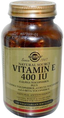 Solgar, Natural Vitamin E, 400 IU, d-Alpha Tocopherol & Mixed Tocopherols, 100 Vegetarian Softgels ,الفيتامينات، فيتامين e