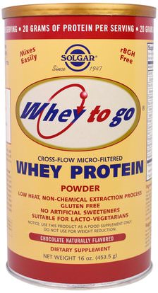 Solgar, Whey To Go, Whey Protein Powder, Natural Chocolate Flavor, 16 oz (453.5 g) ,المكملات الغذائية، بروتين مصل اللبن
