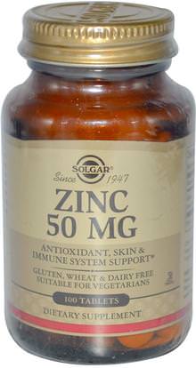 Solgar, Zinc, 50 mg, 100 Tablets ,المكملات الغذائية، المعادن، الزنك