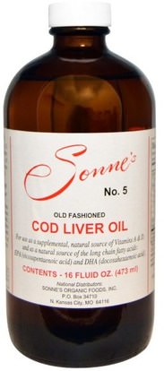 Sonnes, No. 5, Old Fashioned Cod Liver Oil, 16 fl oz (473 ml) ,المكملات الغذائية، إيفا أوميجا 3 6 9 (إيبا دا)، زيت كبد سمك القد، كبد سمك القد كبد النفط