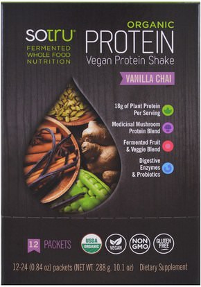 SoTru, Organic, Vegan Protein Shake, Vanilla Chai, 12 Packets, 0.84 oz (24 g) Each ,والمكملات الغذائية، سوبرفوودس، والبروتين