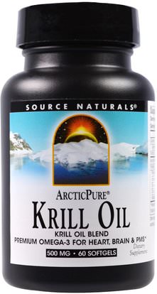 Source Naturals, Arctic Pure, Krill Oil, 500 mg, 60 Softgels ,المكملات الغذائية، إيفا أوميجا 3 6 9 (إيبا دا)، زيت السمك، زيت الكريل