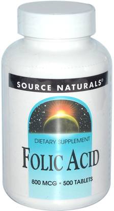 Source Naturals, Folic Acid, 800 mcg, 500 Tablets ,الفيتامينات، فيتامين ب، حمض الفوليك