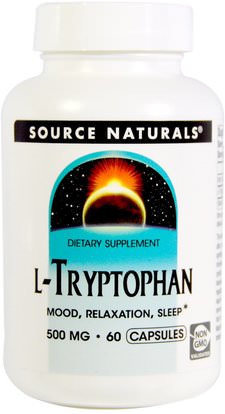 Source Naturals, L-Tryptophan, 500 mg, 60 Capsules ,المكملات الغذائية، ل التربتوفان، الأحماض الأمينية