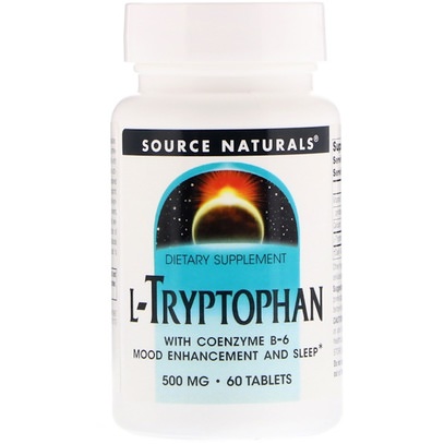 Source Naturals, L-Tryptophan with Coenzyme B-6, 500 mg, 60 Tablets ,المكملات الغذائية، ل التربتوفان، الأحماض الأمينية