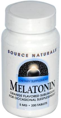 Source Naturals, Melatonin, Orange Flavored, 5 mg, 200 Tablets ,والمكملات الغذائية، والنوم، الميلاتونين