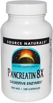 Source Naturals, Pancreatin 8X, 500 mg, 100 Capsules ,المكملات الغذائية، الإنزيمات، البنكرياتين