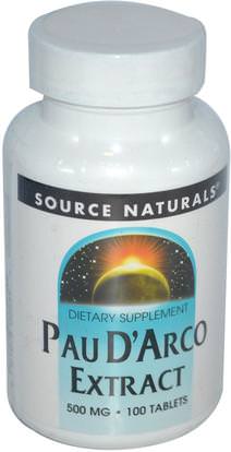 Source Naturals, Pau DArco Extract, 500 mg, 100 Tablets ,الفيتامينات، فيتامين ج، فيتامين ج بالإضافة إلى الأعشاب، بو داركو