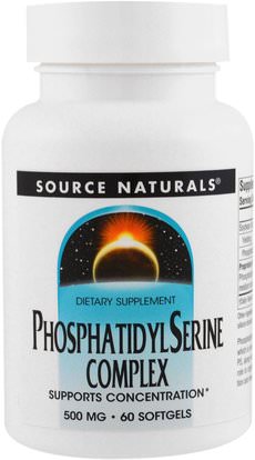 Source Naturals, Phosphatidyl Serine Complex, 500 mg, 60 Softgels ,المكملات الغذائية، فوسفهاتيديلزير، اضطراب نقص الانتباه، إضافة، أدهد