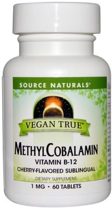 Source Naturals, Vegan True, MethylCobalamin, Cherry Flavor, 1 mg, 60 Sublingual Tablets ,الفيتامينات، وفيتامين ب، وفيتامين ب 12، وفيتامين ب 12 - ميثيلكوبالامين