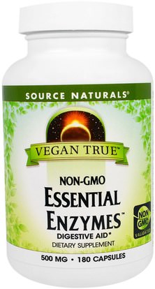 Source Naturals, Vegan True, Non-GMO Essential Enzymes, 500 mg, 180 Capsules ,والمكملات الغذائية، والإنزيمات، والإنزيمات الهاضمة