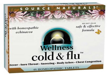 Source Naturals, Wellness Cold & Flu, 48 Homeopathic Tablets ,المكملات الغذائية، المثلية، الانفلونزا الباردة والفيروسية، البرد والانفلونزا