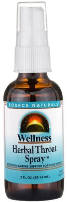Source Naturals, Wellness, Herbal Throat Spray, 2 fl oz (59.14 ml) ,والصحة، والانفلونزا الباردة والفيروسية، ورعاية الرعاية الحلق والرئة والقصبات الهوائية