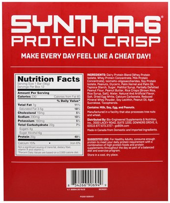 الرياضة بروتين، الرياضة، بروتين أشرطة BSN, Syntha-6 Protein Crisp, Peanut Butter Crunch Flavor, 12 Bars, 1.97 oz (56 g) Each