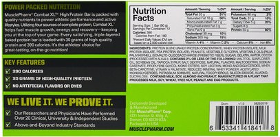 الرياضة بروتين، الرياضة، بروتين أشرطة MusclePharm, Combat XL High Protein Bar, Peanut Butter Cup, 12 Bars, 38 oz (1080 g)