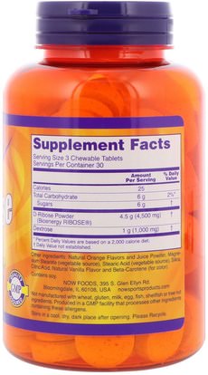 الرياضة، د ريبوز Now Foods, Sports, D-Ribose, Chewable, Natural Orange Juice Flavor, 1,500 mg, 90 Tablets