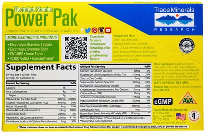 والرياضة، بالكهرباء شرب التجديد Trace Minerals Research, Electrolyte Stamina, Power Pak, 1200 mg, Lemon Lime, 30 Packets, 0.17 oz (4.9 g) Each
