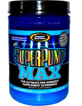 والرياضة، والعضلات Gaspari Nutrition, SuperPump Max, Blue Raspberry Ice, 1.41 lbs (640 g)