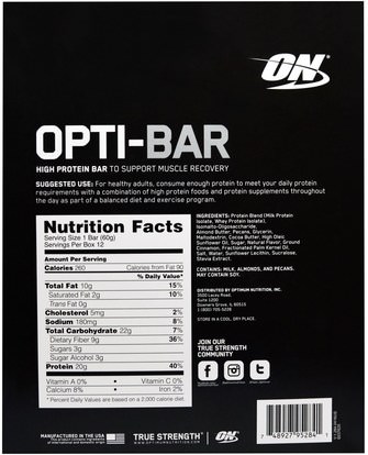 رياضات Optimum Nutrition, Opti-Bar High Protein Bar, Cinnamon Pecan, 12 Bars, 2.1 oz (60 g) Each