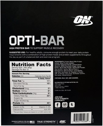 رياضات Optimum Nutrition, Opti-Bar High Protein Bar, White Chocolate Raspberry, 12 Bars, 2.1 oz (60 g) Each