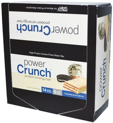 والرياضة، والبروتين أشرطة BNRG, Power Crunch Protein Energy Bar, Cookies and Crme, 12 Bars, 1.4 oz (40 g) Each