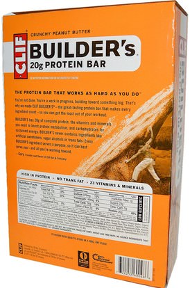 والرياضة، والبروتين أشرطة Clif Bar, Builders Protein Bar, Crunchy Peanut Butter, 12 Bars, 2.4 oz (68 g) Each