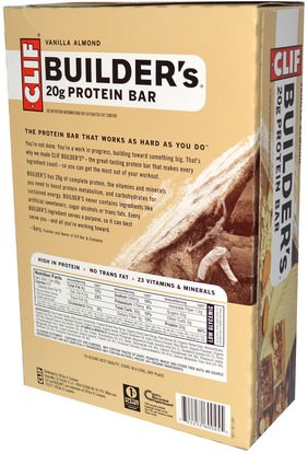 والرياضة، والبروتين أشرطة Clif Bar, Builders Protein Bar, Vanilla Almond, 12 Bars, 2.4 oz (68 g) Per Bar