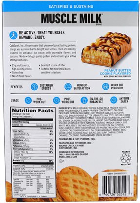 والرياضة، والبروتين أشرطة Cytosport, Inc, Muscle Milk Protein Bar, Peanut Butter Cookie Flavored, 12 Bars, 1.76 oz (50 g) Each