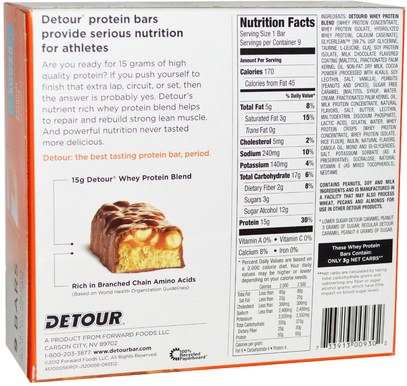 والرياضة، والبروتين أشرطة Detour, Whey Protein Bar, Caramel Peanut, 9 Bars, 1.5 oz (43 g) Each