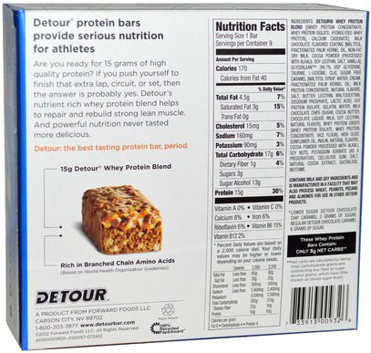 والرياضة، والبروتين أشرطة Detour, Whey Protein Bar, Chocolate Chip Caramel, 9 Bars, 1.5 oz (43 g) Each