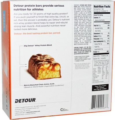 والرياضة، والبروتين أشرطة Detour, Whey Protein Bars, Caramel Peanut, 12 Bars, 3 oz (85 g) Each