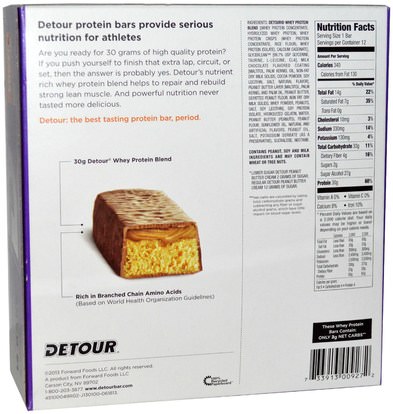والرياضة، والبروتين أشرطة Detour, Whey Protein Bars, Peanut Butter Cream, 12 Bars, 3 oz (85 g) Each